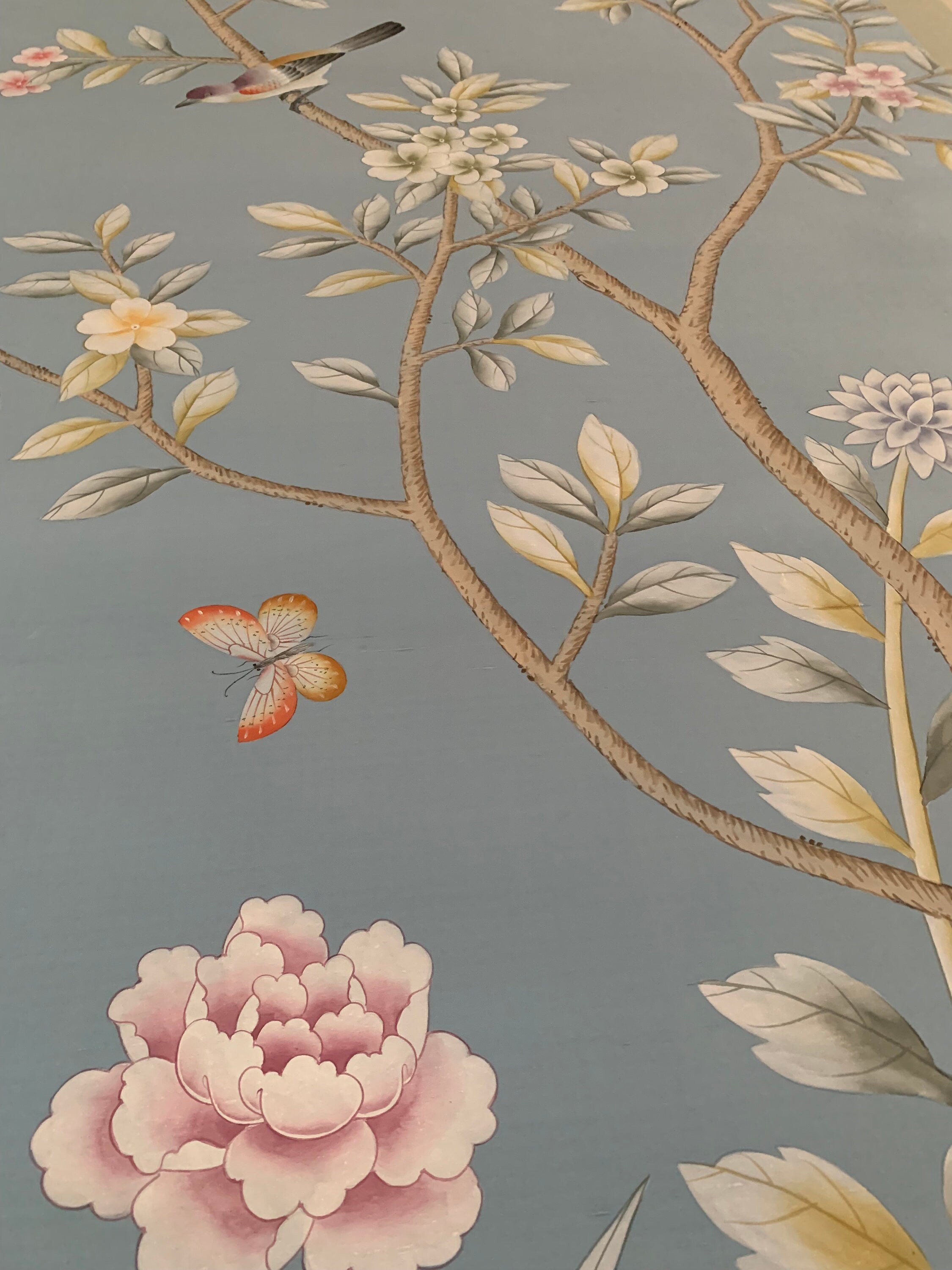 36" x 82" Chinoiserie Handpainted Artwork on Deep Blue Slub Silk DP-44