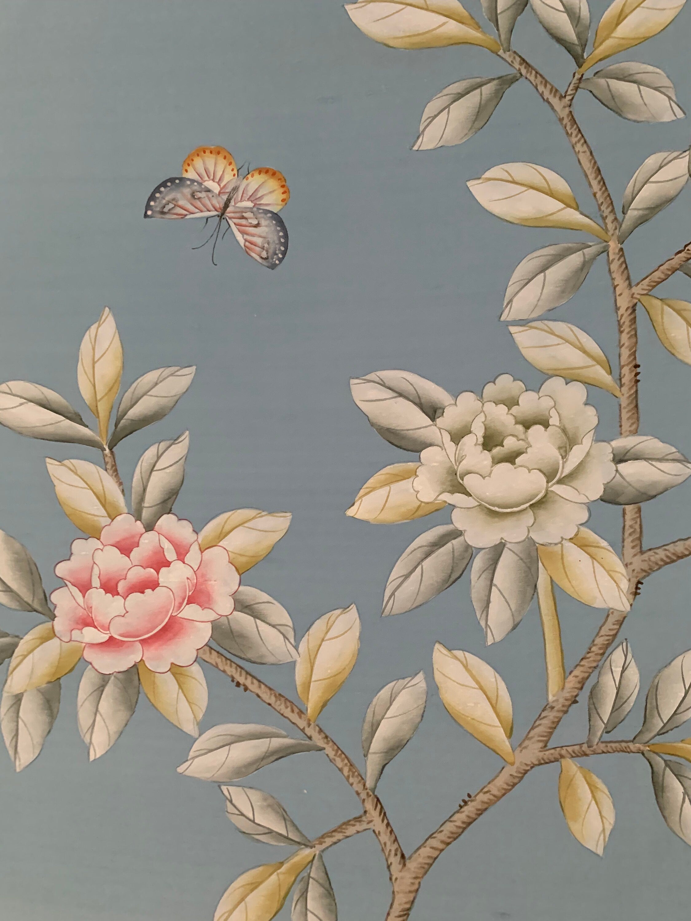36" x 82" Chinoiserie Handpainted Artwork on Deep Blue Slub Silk DP-44