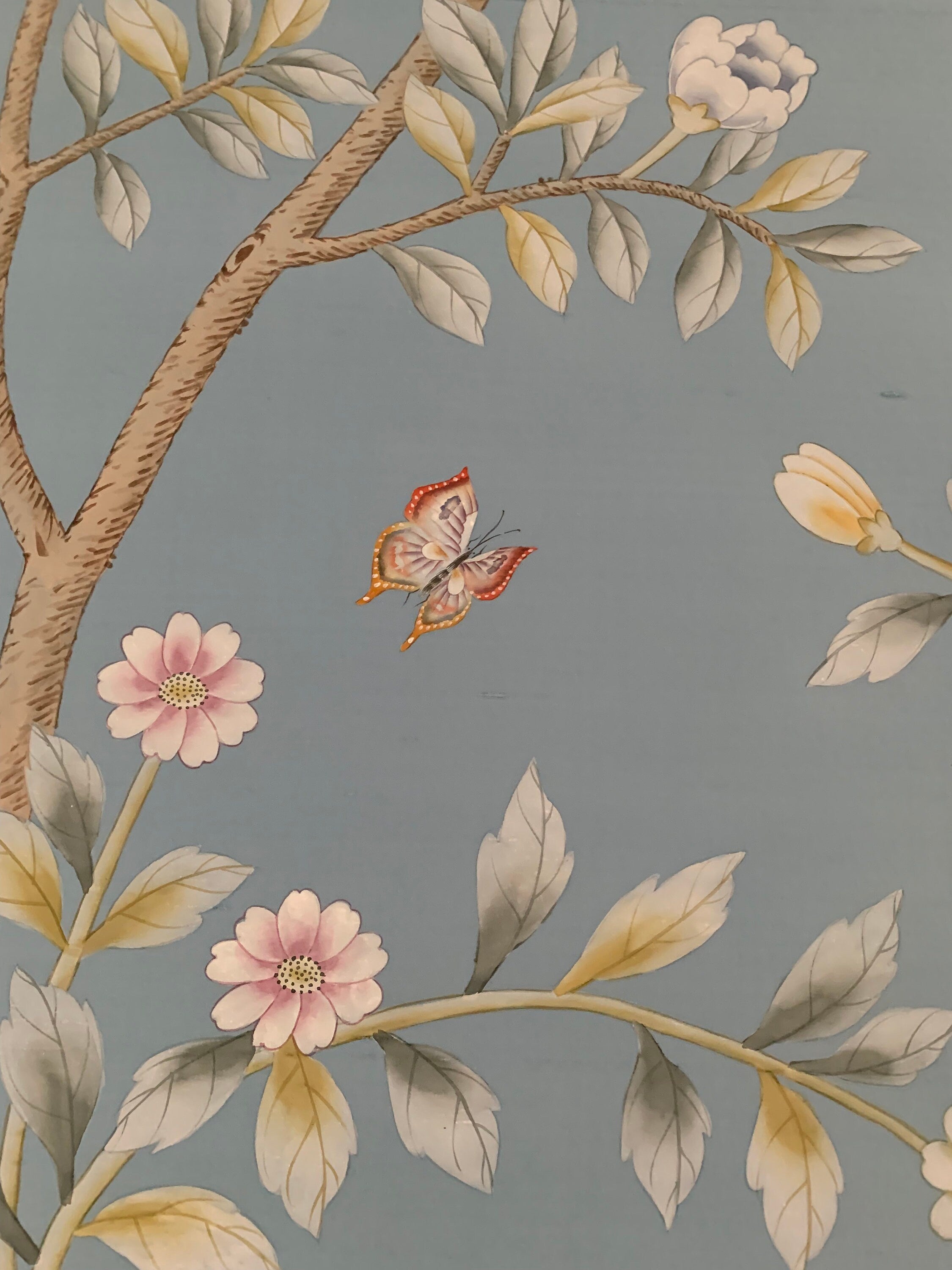 36" x 82" Chinoiserie Handpainted Artwork on Deep Blue Slub Silk DP-44