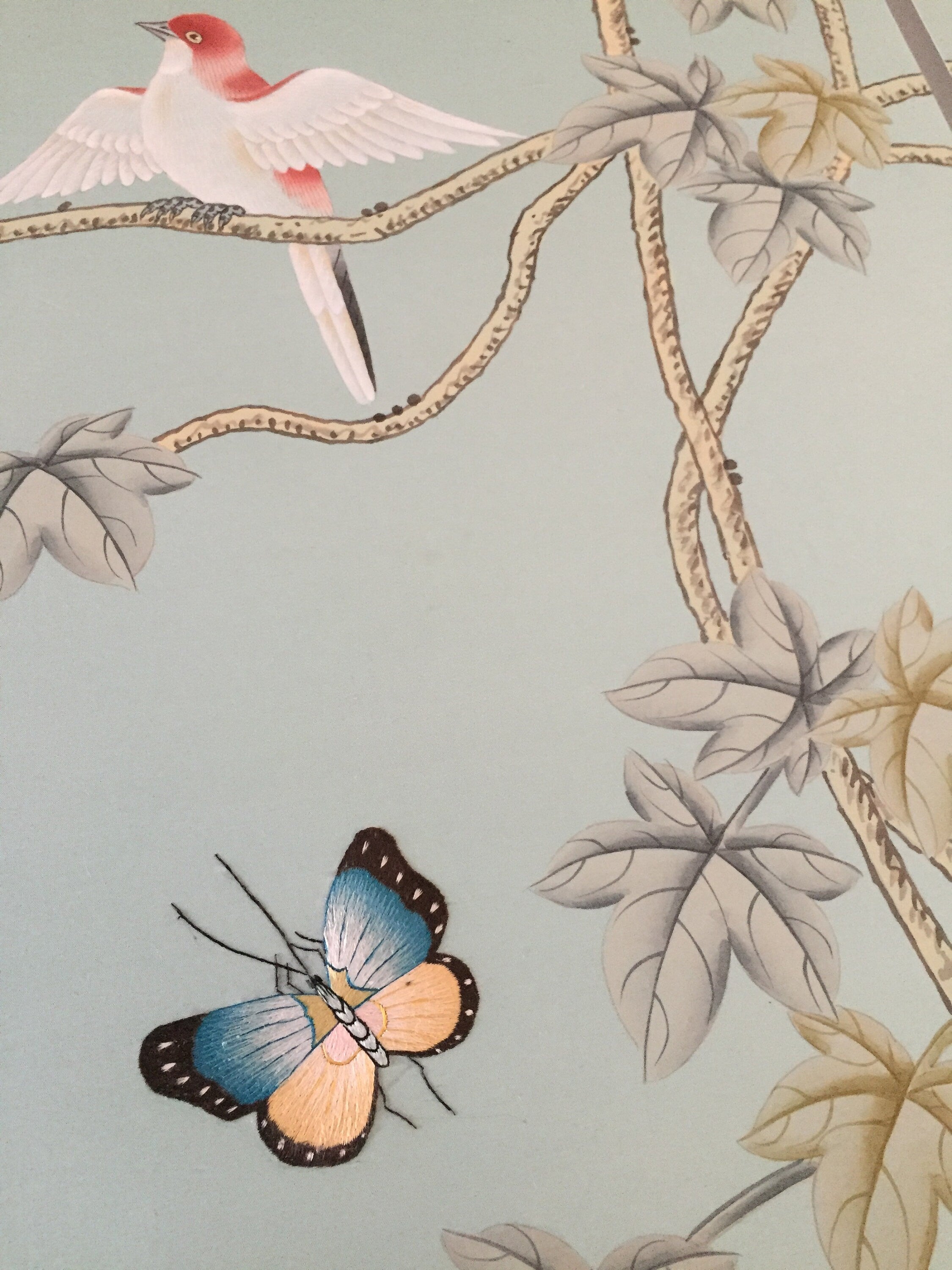 Birds and Vines: Chinoiserie Handpainted Wallpaper with Partial Hand Embroidery on Blue Silk