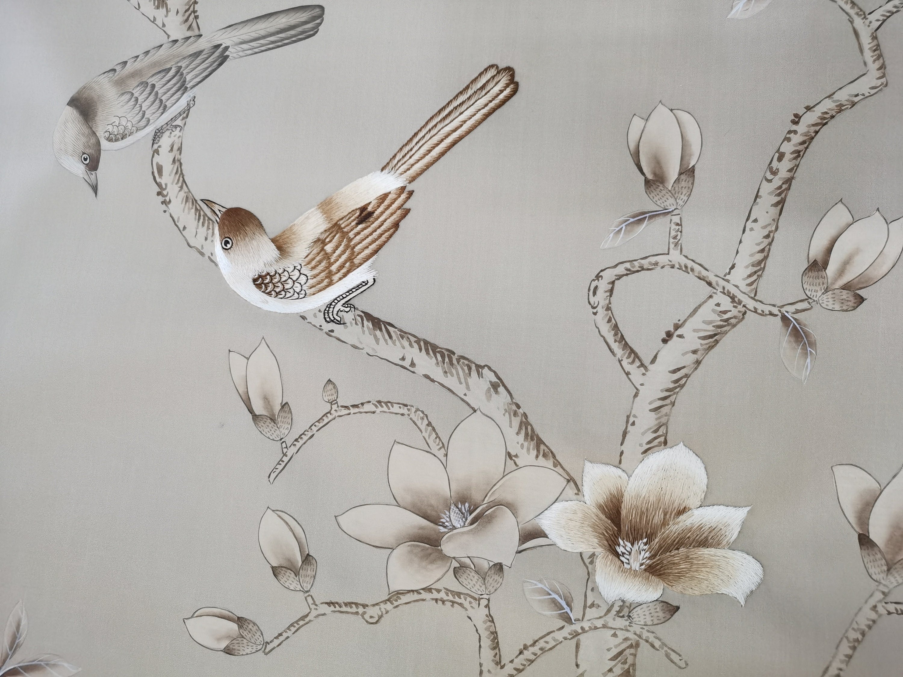 Chinoiserie Handpainted Wallpaper with Partial Hand Embroidery in SP-21