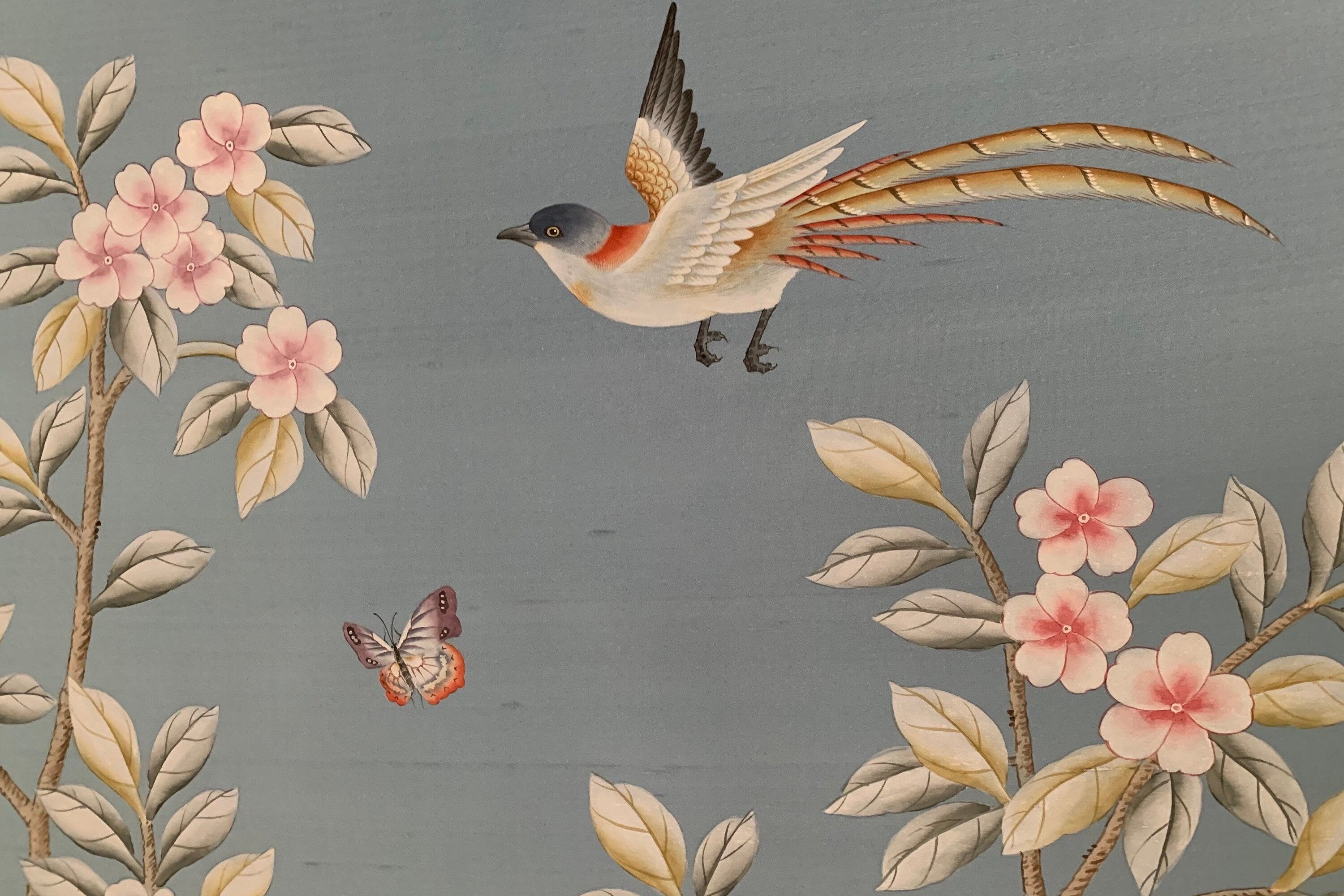 Custom-made Chinoiserie hand-painted wallpaper with intricate floral and bird motifs, tailored to fit any wall size and color scheme.