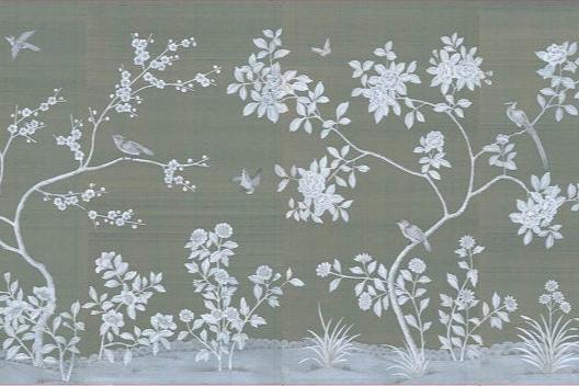 Custom-made Chinoiserie hand-painted wallpaper with intricate floral and bird motifs, tailored to fit any wall size and color scheme.