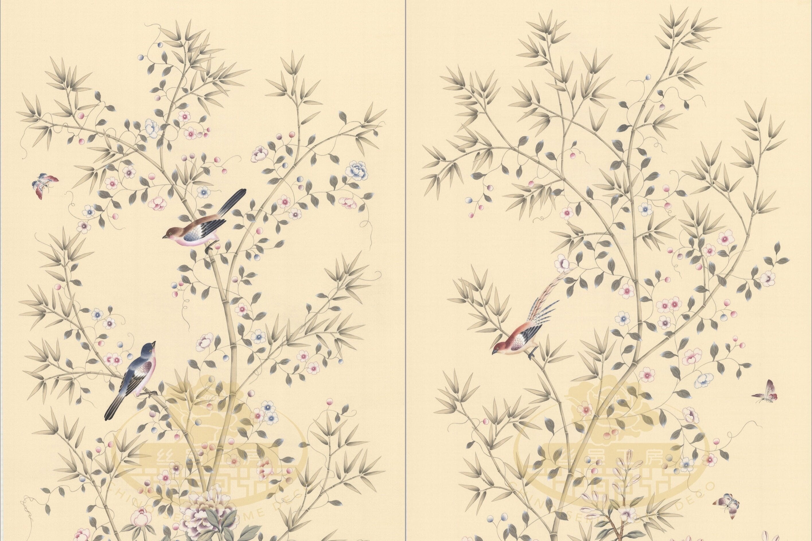 Custom-made Chinoiserie hand-painted wallpaper with intricate floral and bird motifs, tailored to fit any wall size and color scheme.