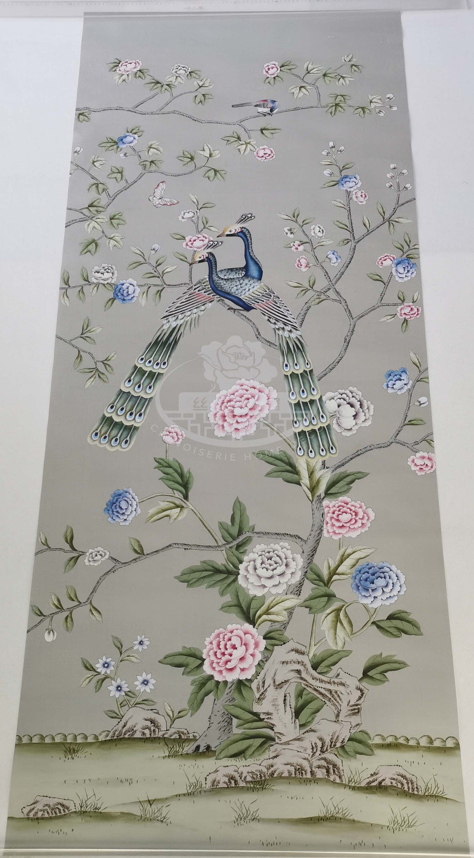 30"x70" Chinoiserie Handpainted Peacock and Peony on Silver Grey Silk DP-25 without Frame