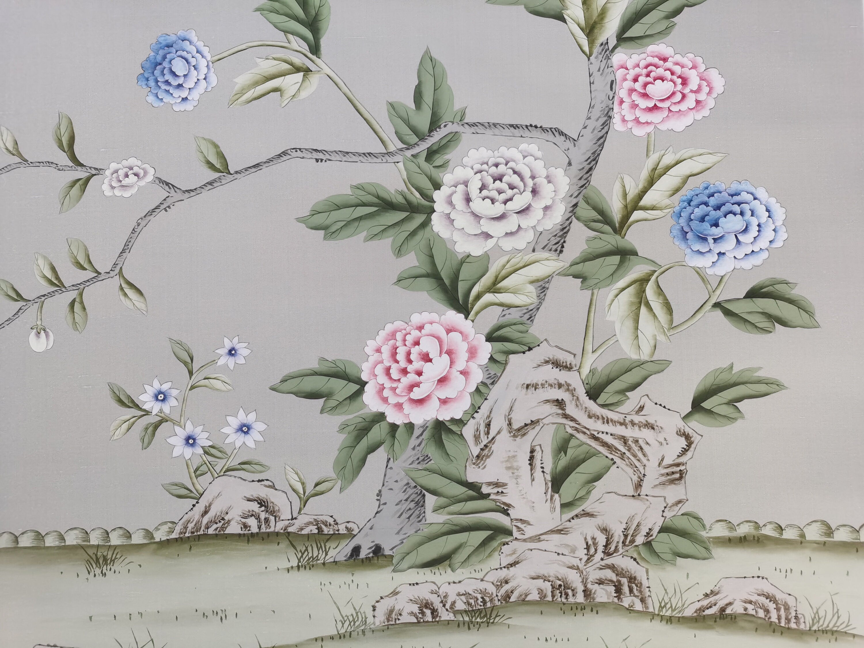 30"x70" Chinoiserie Handpainted Peacock and Peony on Silver Grey Silk DP-25 without Frame