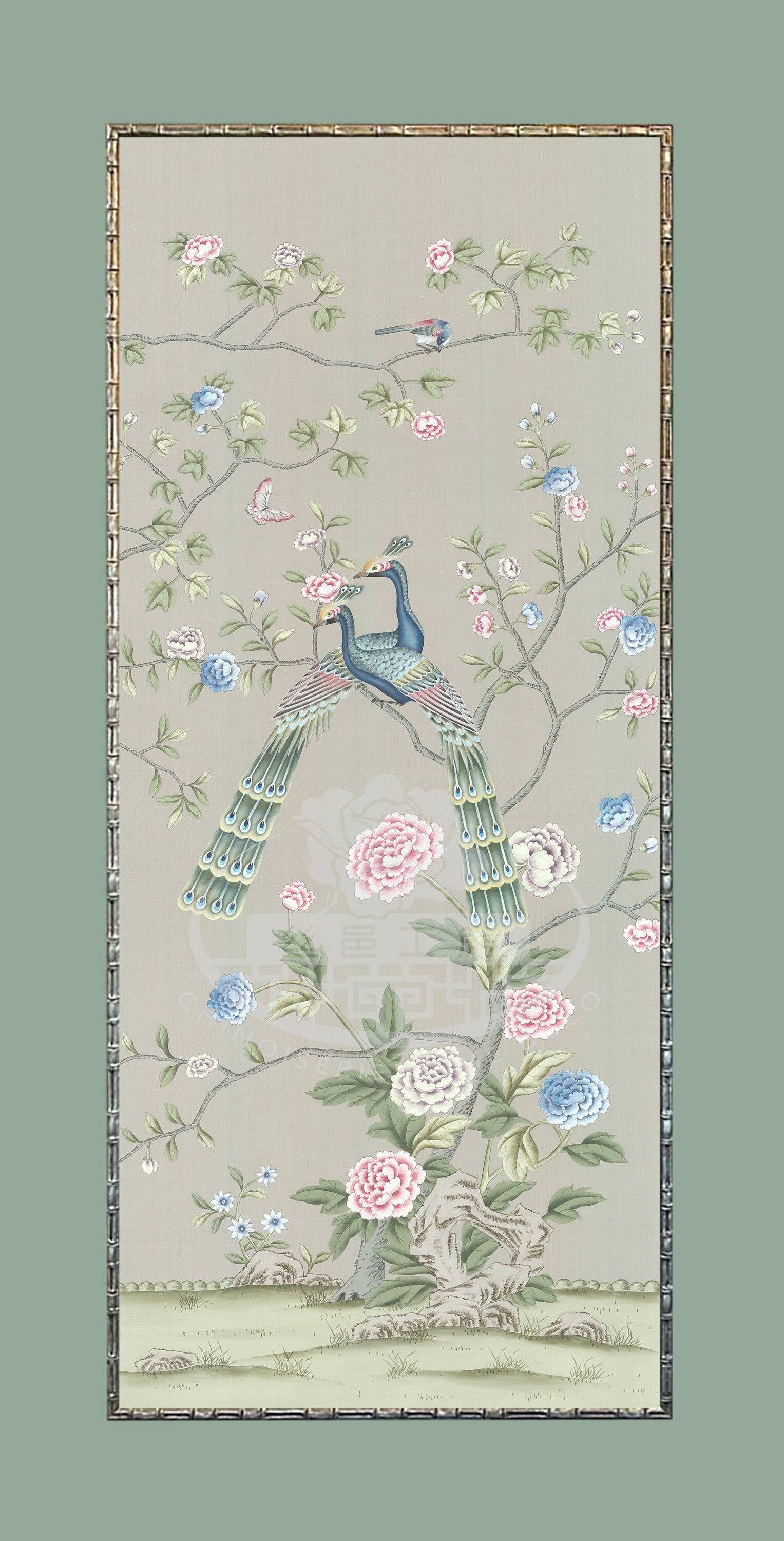 30"x70" Chinoiserie Handpainted Peacock and Peony on Silver Grey Silk DP-25 without Frame