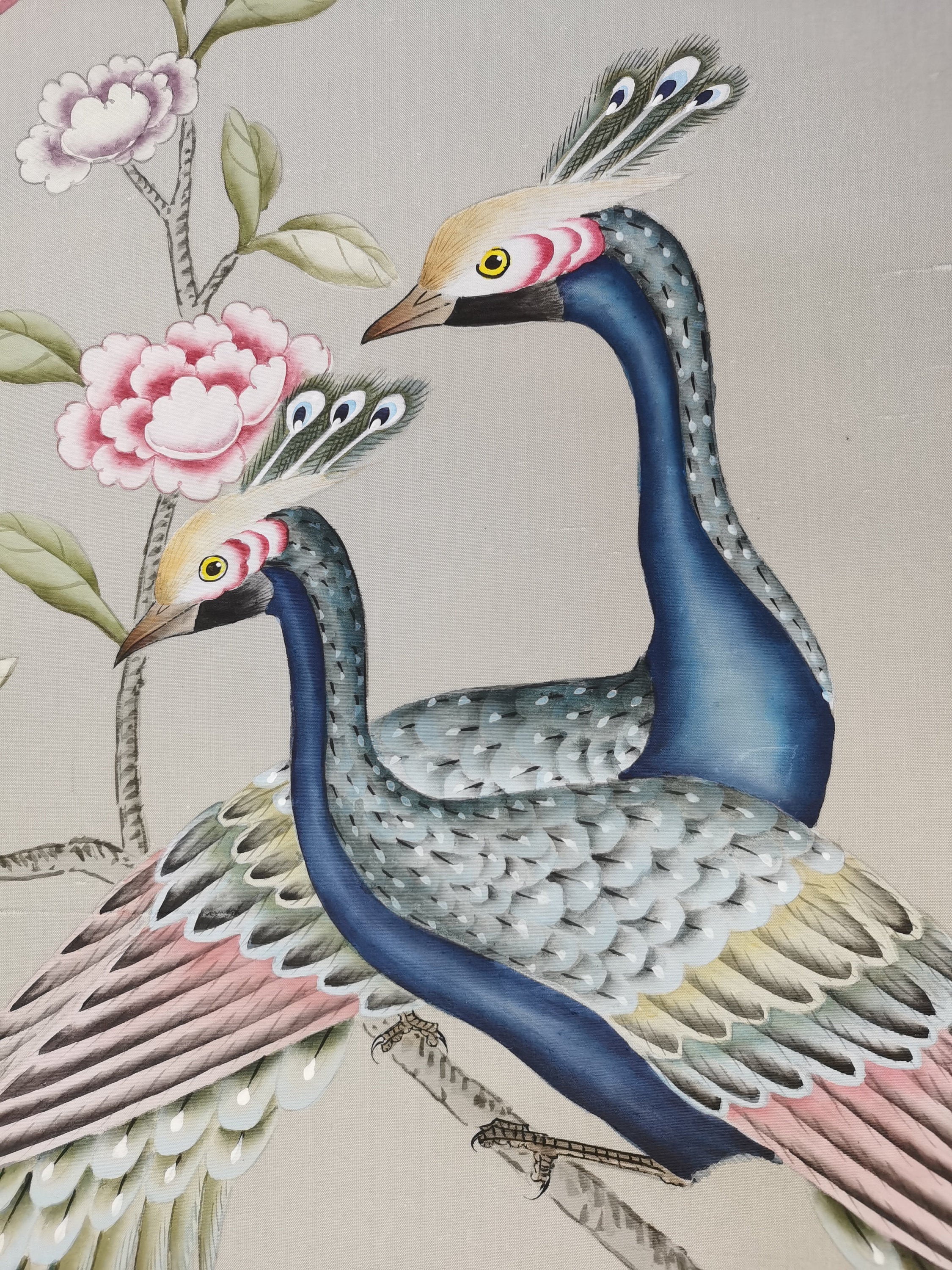 30"x70" Chinoiserie Handpainted Peacock and Peony on Silver Grey Silk DP-25 without Frame