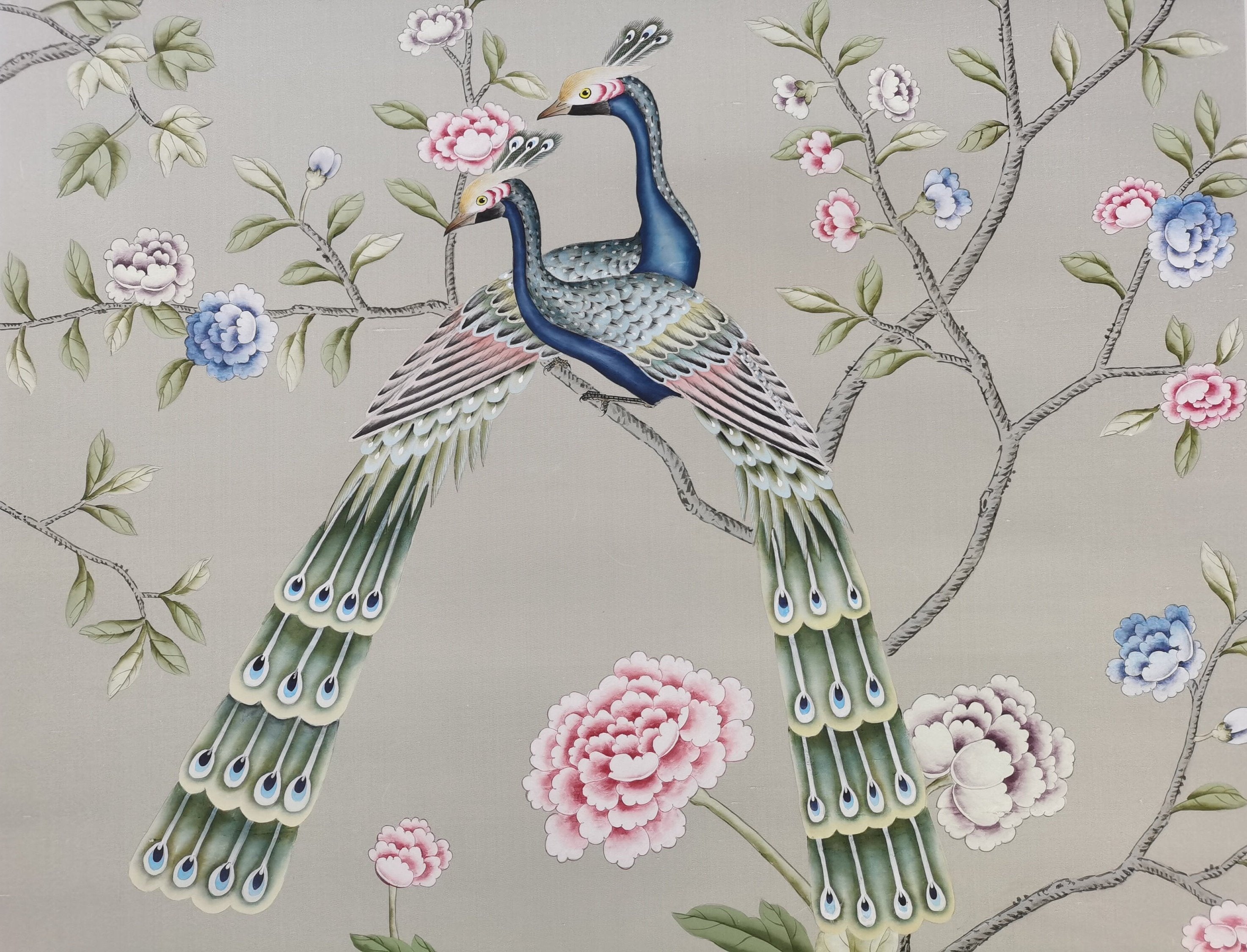 Custom-made Chinoiserie hand-painted wallpaper with intricate floral and bird motifs, tailored to fit any wall size and color scheme.
