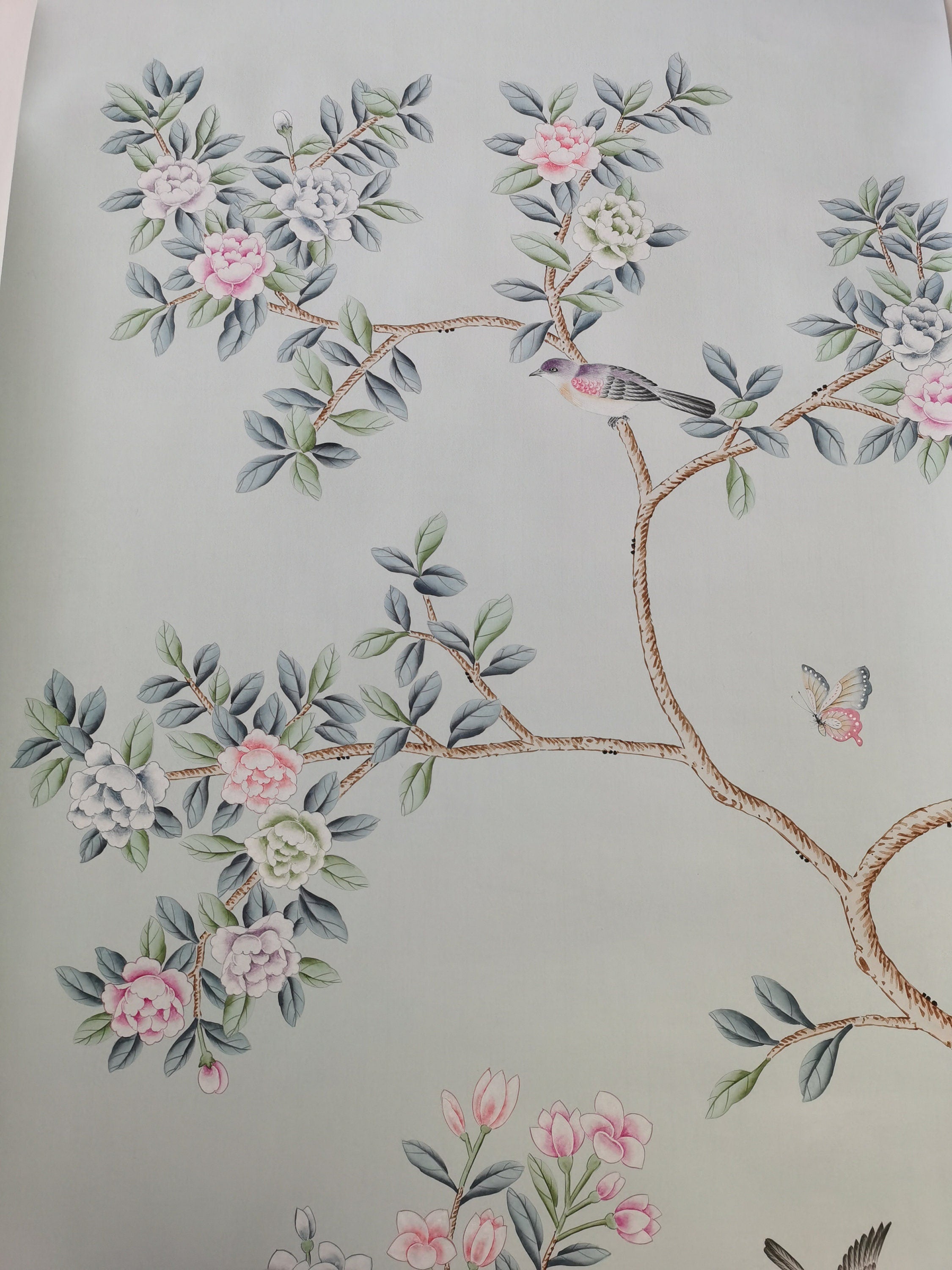 30" x 56" Chinoiserie Handpainted Artwork for G-031 Lingering Garden on Paper Custom Color Farrow and Ball Borrowed Light 235