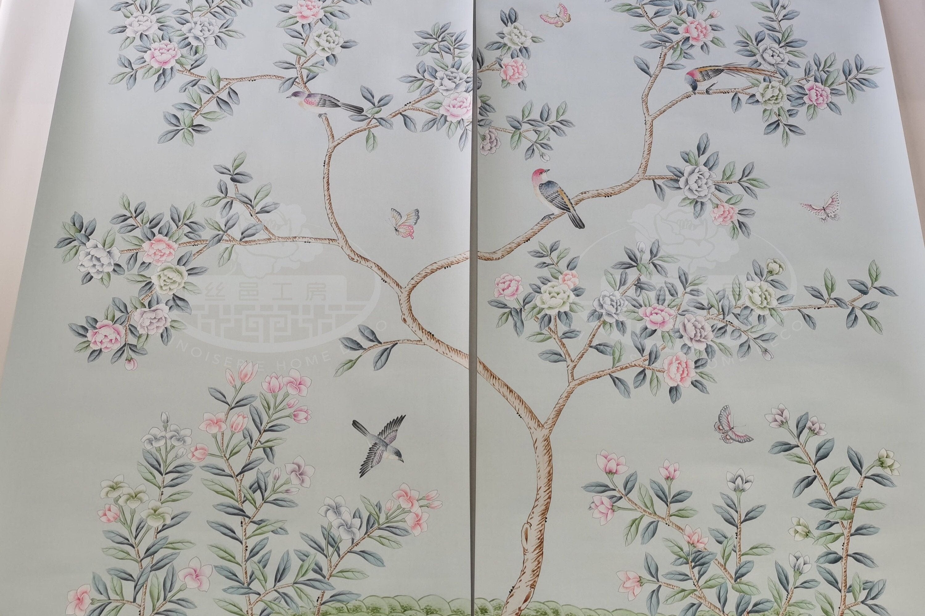 Custom-made Chinoiserie hand-painted wallpaper with intricate floral and bird motifs, tailored to fit any wall size and color scheme.