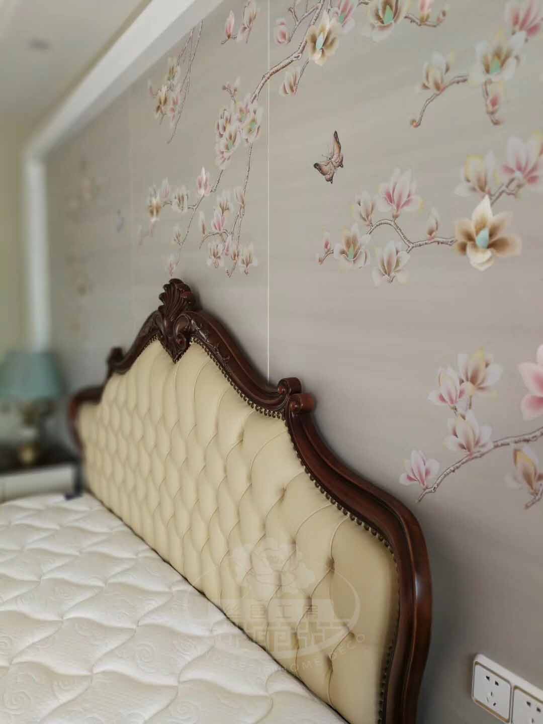 G-001 Magnolia Chinoiserie Mural – Hand-Painted Wallpaper with Partial Embroidery for Bedroom Accent Wall
