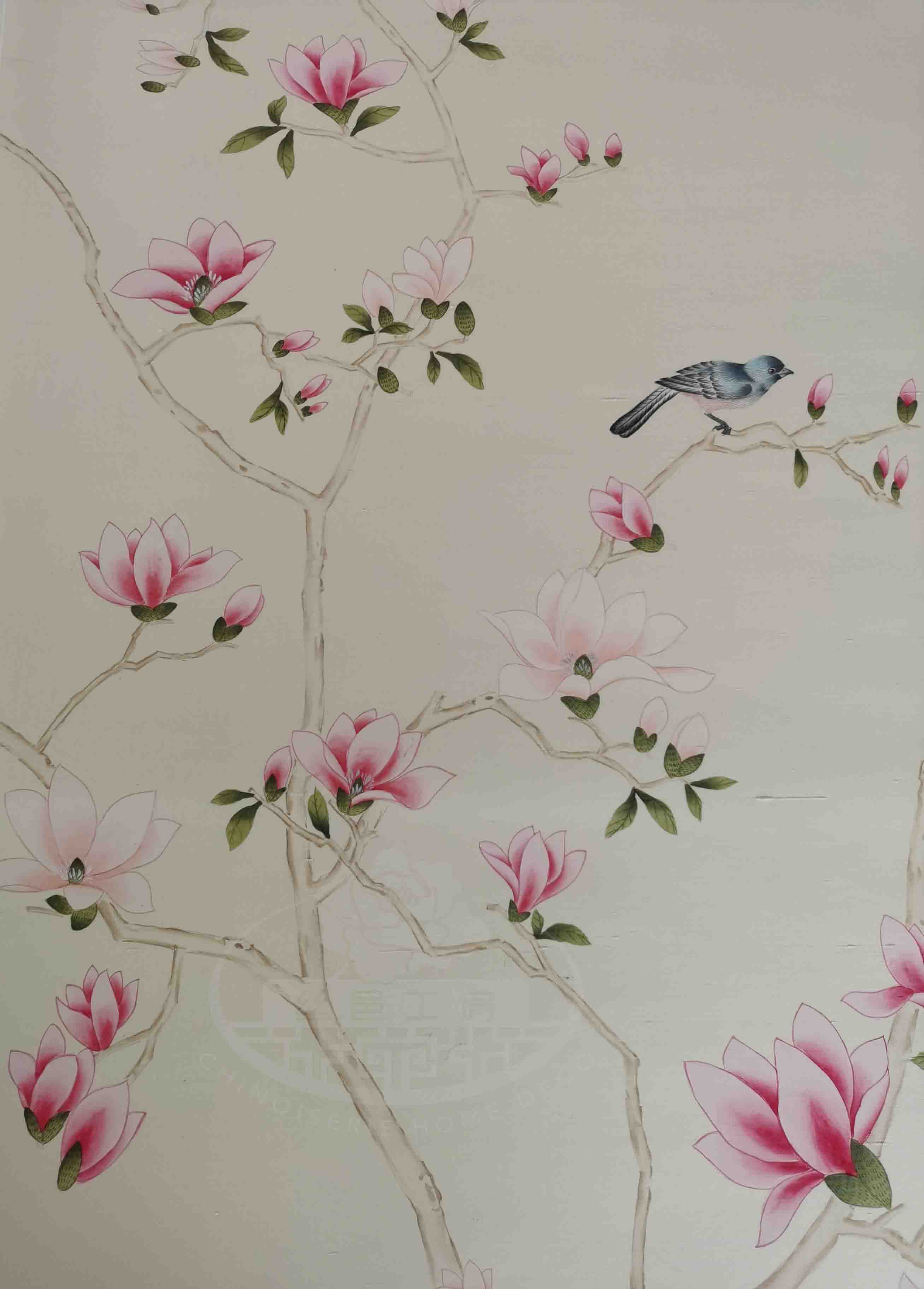 Chinoiserie wall panels with pink magnolia and birds hand-painted on ivory silk