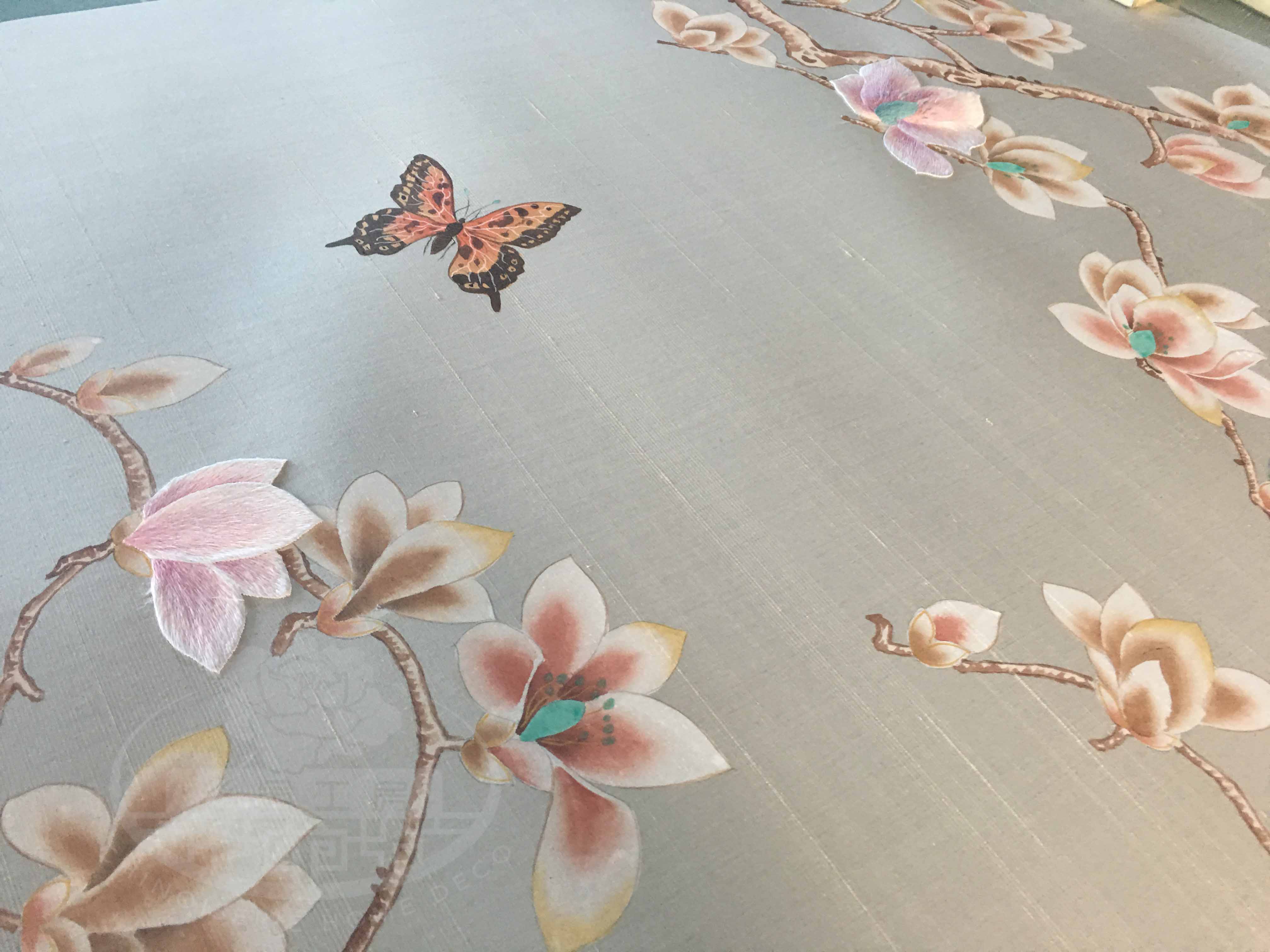 G-001 Magnolia Chinoiserie Mural – Hand-Painted Wallpaper with Partial Embroidery for Bedroom Accent Wall