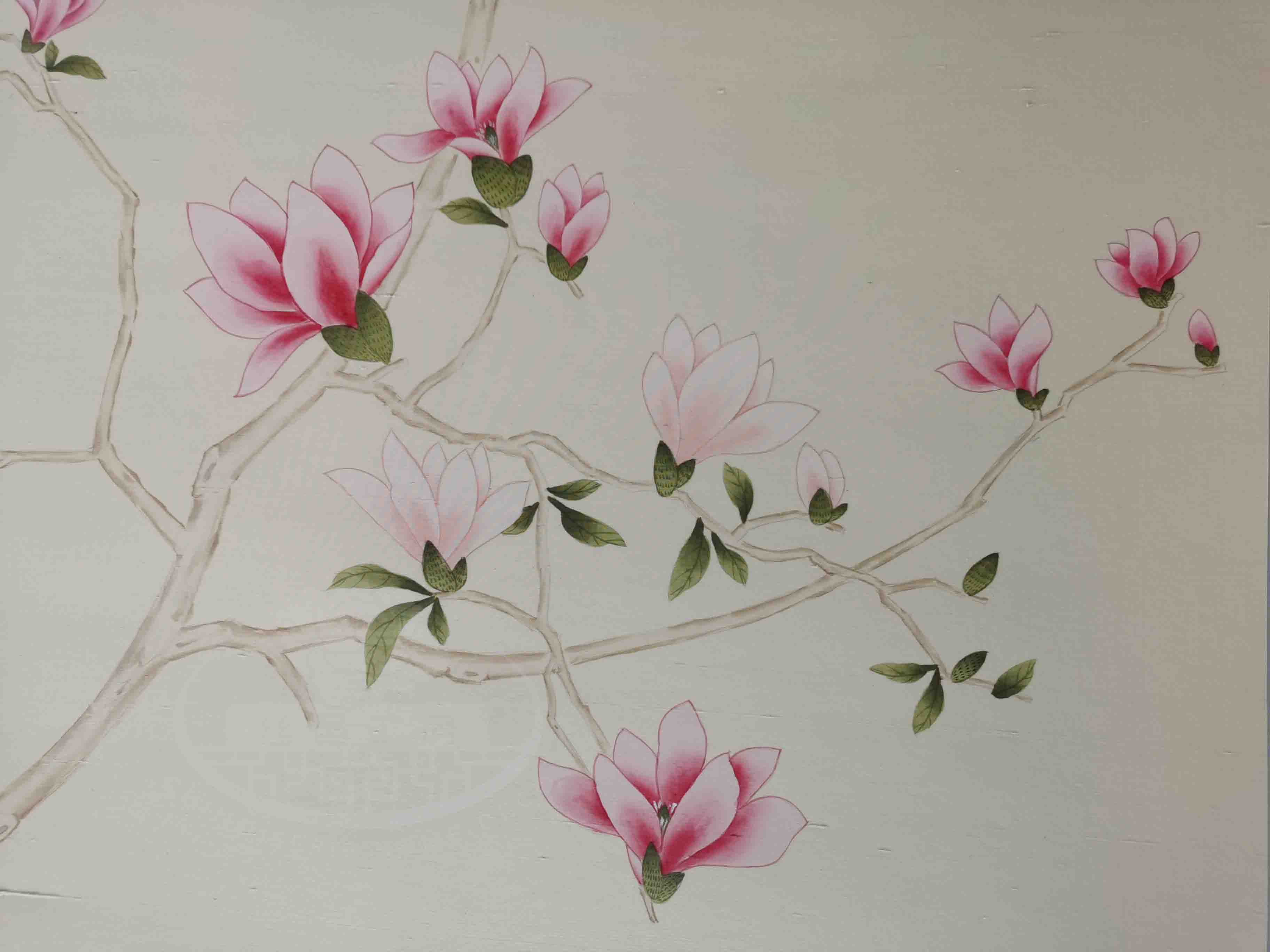 Chinoiserie wall panels with pink magnolia and birds hand-painted on ivory silk