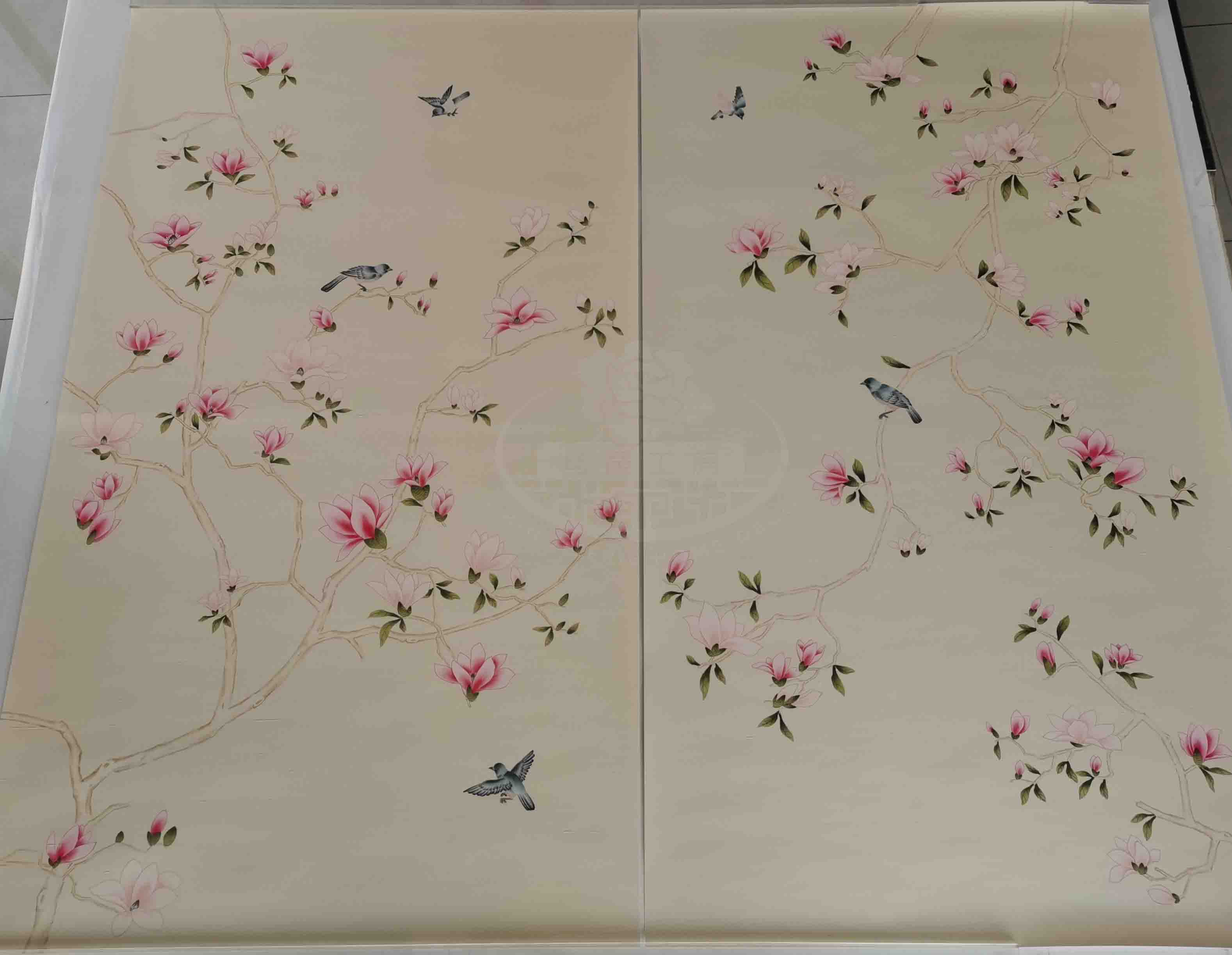 Chinoiserie wall panels with pink magnolia and birds hand-painted on ivory silk
